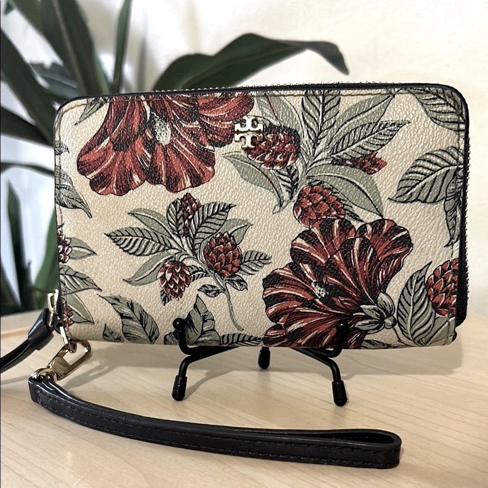 Tory Burch Wristlet Wallet Cream and Red Floral
